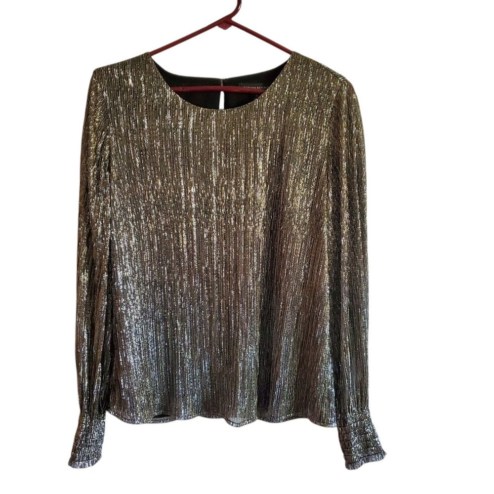 Banana Republic Sheer Shimmer Textured‎ Long Sleeve Blouse Black Gold Silver